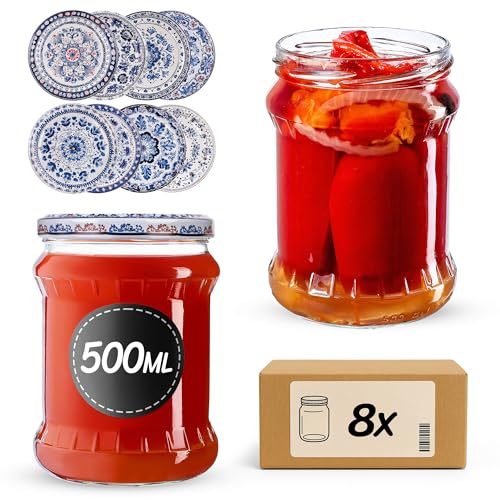 KADAX Einmachgläser 500ml TO82, Sturzgläser Mason Jar mit Schraubdeckel, Luftdichte Twist-off Gläser, Meal Prep, Overnight Oats, Sauerteig (Blau/Weiß, 8 Stück)