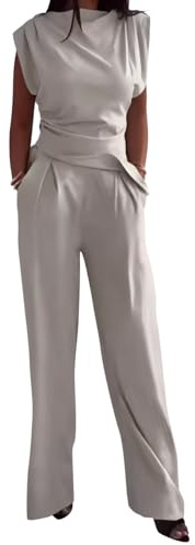 nicticsi Donna Completo Tuta 2 Pezzi Elegante Business Sets in Tinta Unita Orlo Irregolare Magliette a Girocollo e Pantaloni a Gamba Larga Dritta Tute per Casa Casual