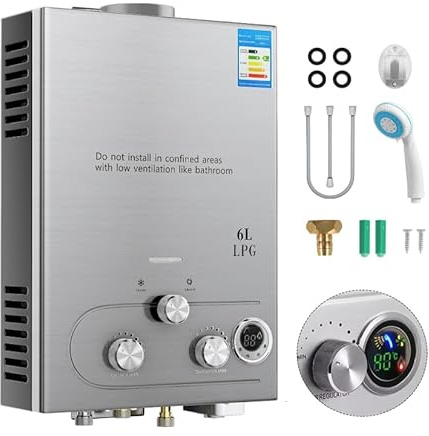 Chauffe-eau au gaz Propane gpl 7L/min (2.1 GPM),Chauffe-eau Instantané 14KW LPG avec une Pression d'Eau de Départ Très Faible de 0,2 bar,Fonctionne au Butane et Propane (argent)