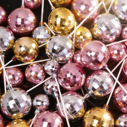36Pcs Disco Ball Cake Toppers, Birthday Party Wedding Anniversary | Glitter Mirror Ball Cake Decorations Sticks, Personalised Decoration, Disco Theme 70s Party Supplies, Gold Silver Pink