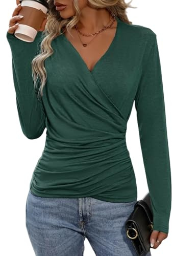 Ellunis Womens Deep V Neck Long Sleeve Wrap Tops Casual Shirts Sexy Wrap Ruched Blouse Tops Dark Green