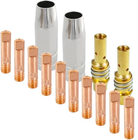 ZFKXGS 14 Stück MB 15AK Mig Mag Schweissgerät Verschleißteile Set | Schweißzubehör 10 Stromdüse M6 1,0mm 2 Gasdüse Konisch Steckbar 2 Düsenstock mit Haltefeder Schweißbrenner Ersatzteile