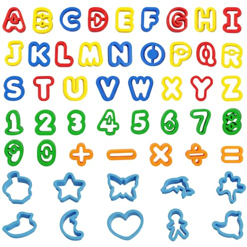 51Pcs Dough Tool Set Colorful Cookie Cutters with Letters Alphabet Numbers Symbols Animal Shapes Cutters, Plastic Cutters Toys for Learning Letters and Numbers