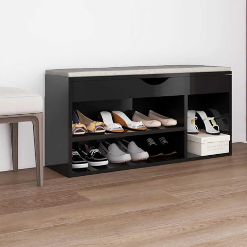 Keeushr Panca per scarpe per organizzare e riporre con cuscino e spazio in nero lucido, 104 x 30 x 49 cm