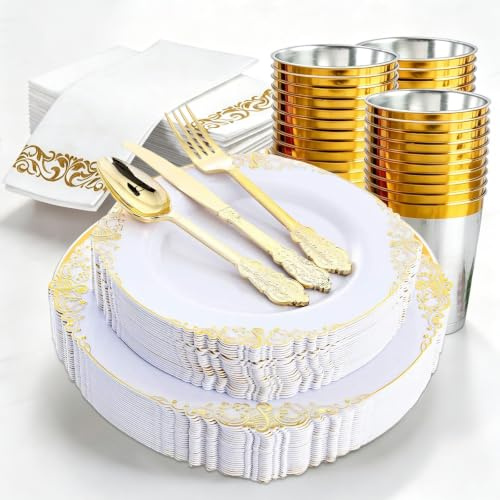 Yazoni Set di stoviglie in plastica riutilizzabile per 25 ospiti, lavabile e lavabile in lavastoviglie, include piatti, posate, bicchieri, tovaglioli, colore oro bianco