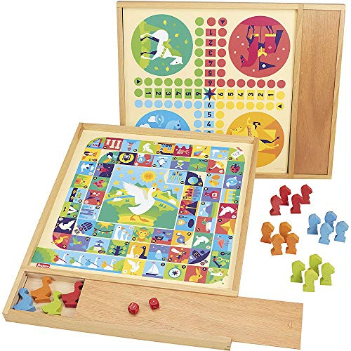 Jeujura - Jeux de l'Oie et Petits Chevaux - Jeux de Société - 4 oies - 16 chevaux - 2 dès - A partir de 3 ans - livret de règle - Plateau en Bois - 8117, Moyen