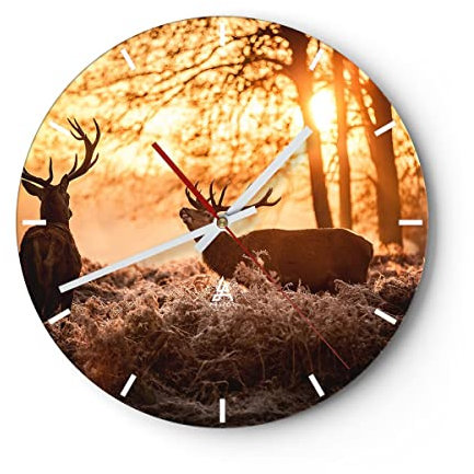 Modern Wanduhr Deer Heidekraut Tier 30x30cm Rund Klein Wand Uhr Glas Analog Zimmeruhren Küche Büro Wohnzimmer Glasuhr Wall Clock Dekoration Design Wanddekoration Küchenuhr C3AR30x30-3043