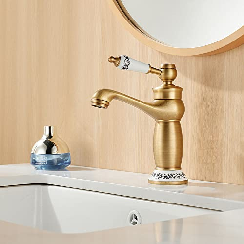 Bathroom Basin Mixer Tap, Cloakroom Sink Tap Ceramic Lever, Antique Brass | Retro Victorian Style, Floral Ceramic Handle & Base, Single Lever, Flexible Tails, Brass