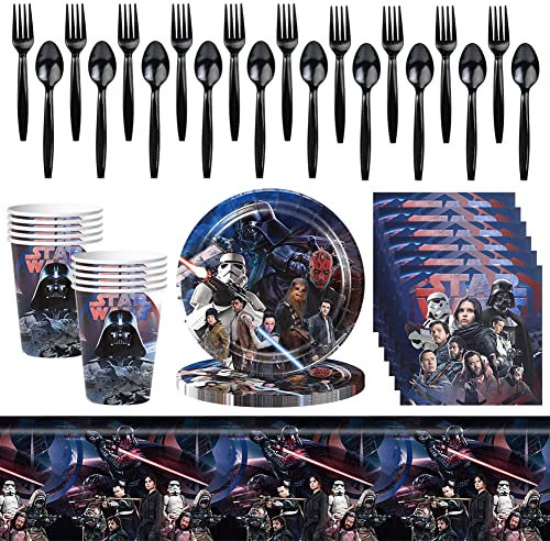 Starwarrs Party Tableware Set, Starwarrs Party Supplies Birthday Decorations Set Birthday Party Tableware Set Includes Plates, Cups, Napkins, Tablecloth for Children's Birthday Party Decoration