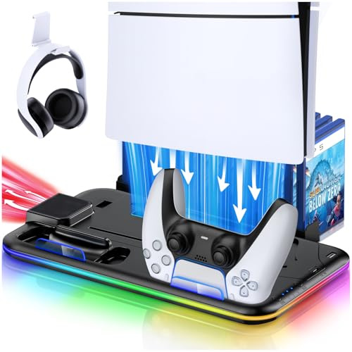 HEYLICOOL PS5/Slim/Pro Cooling Stand for PlayStation 5 Disc/Digital with RGB Light,Accessories Dual Controller Charger Station with 3 Levels Cooling Fan, Headset Holder,15 Game Slots