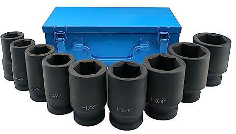 GOSWIFT 1 Inch Drive Deep Impact Socket Set, 9 Pieces Jumbo Impact Socket Sets, SAE 1 to 2, Chrome Steel, 6-Point Design, Metal Case