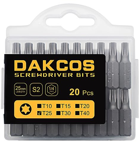 DAKCOS Juego de puntas de destornillador de estrella Torx de T25 de 20pc | acero S2 longitud de 25mm