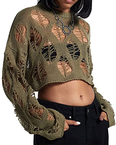 Ypser Dam Y2K virkad topp ihålig ut tröja långärmad stickad bolero topp stickade skjortor streetwear, Armégrönt, S/M
