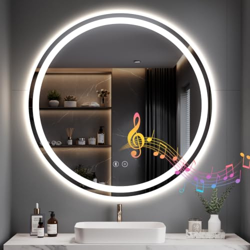 Dripex Badspiegel mit Beleuchtung Rund Led Spiegel mit Bluetooth-Lautsprecher und Touch-Schalter, Dimmbar, 3 Lichtfarbe Einstellbare Runder Badezimmerspiegel mit Beleuchtung, Beschlagfrei 70x70 cm