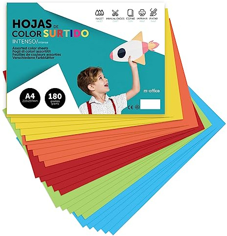 Cartulina de Colores, Cartulina A4 Colores Surtidos Intenso, Folios de Colores 180gr para Manualidades, Imprimir Documentos y Diseños Creativos, Folios de Colores A4 · m-office (x10 Surtido Intenso)
