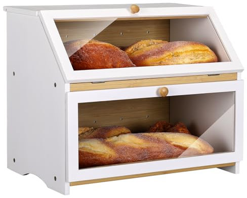 Leader Accessories Double Decker Bamboo Bread Bin 2-Layer Bread Box Large Capacity Bread Storage for Kitchen 15.3x9.8x12.6 White