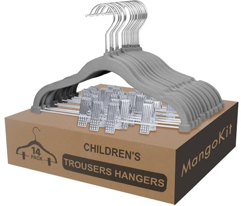MangoKit Baby Clothes Hangers with Movable Clips 14 Pack,30cm Kids Velvet Hangers Non-Slip, Swivel Hook,Space-Saving Trouser Hangers for Skirts,Pants,Dresses,Jackets(Grey)