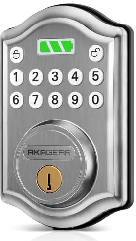 AkaGear Cerradura de puerta de entrada sin llave con teclado, cerradura inteligente para puerta delantera con 2 llaves, bloqueo automático, fácil instalación, DS10 Mini (níquel satinado)