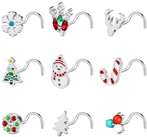 BodyAce 20G Christmas Nose Rings, Stainless Steel Nose Studs l Shaped Nostril Ring, Corkscrew Nose Piercing Christmas Jewellery for Women Men [A:Screw]