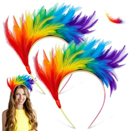 Bunt feder Stirnband, 2Pcs Faszinator, Cosplay Haarreif, Karnevalskopfschmuck, Regenbogen Feder Haarreif, Kostümaccessoire für Ostern, Hochzeit, Halloween Party