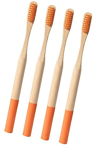 Bambuszahnbürste für Erwachsene Orange, Weich für Zuhause und Reisen | Bambus, 4 Stück, Ergonomisches Design, Angenehmer Griff, für Zuhause und Unterwegs