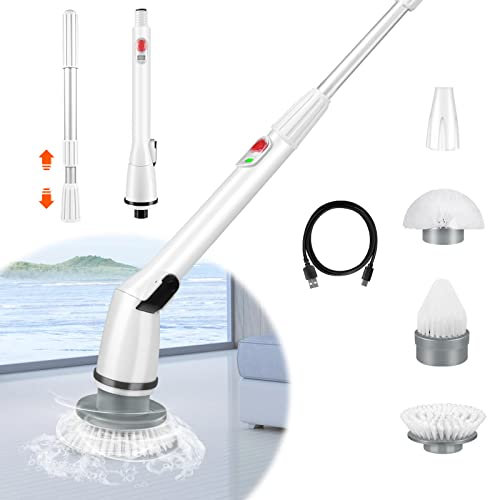 Electric Scrubber, Cordless Cleaning Brush with Adjustable Extension Arm, 3 Power Scrubbing Cleaning Brush Heads, USB Rechargeable Spin Scrubber for Kitchen Tile Bathtub Floor Bathroom Toilet Shower