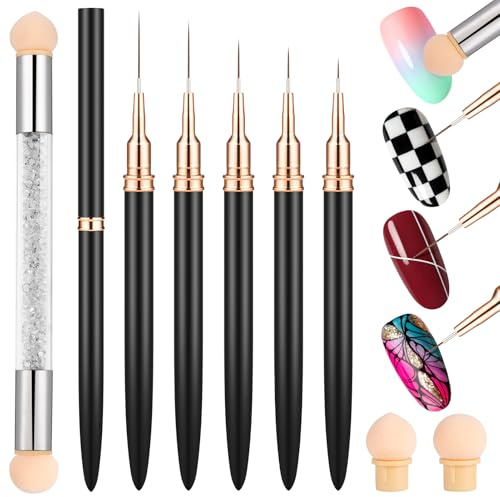 MELLIEX 6 Pièces Pinceau Nail Art Ongles Professionnel, Ultra Fin Nail Art Liner Brushes, Gel Acrylique Pinceau Ongle avec Capuchon, Double Tête Brosse éponge pour DIY Nail Art
