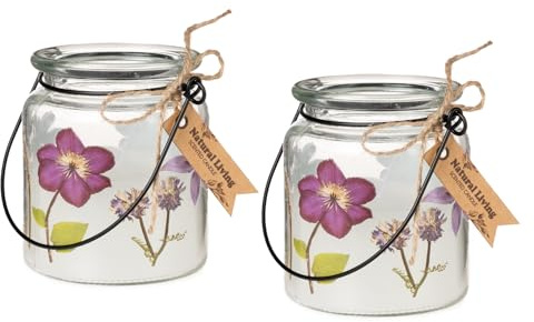 2er Set Kerze im Henkel Glas mit Blumen Dekor | Windlicht Blüte | 8x9 cm