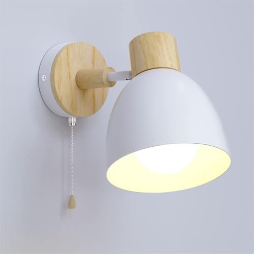 Martll Wandleuchte Innen mit Schalter Wandlampe Holz Vintage E27 Wandleuchten Retro Industrial Lampenschirm Nachtlicht für Schlafzimmer, Wohnzimmer, Treppen, Korridor (Weiß A)