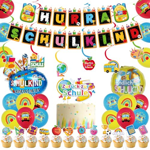 SCHULKIND 2026 Deko Einschulung für Junge Mädchen, mit Girlande, Spiralen, Tortendeko, Luftballon, Folienballon - Perfekt für Schuleinführung, Schulanfang, Schulparty Deko