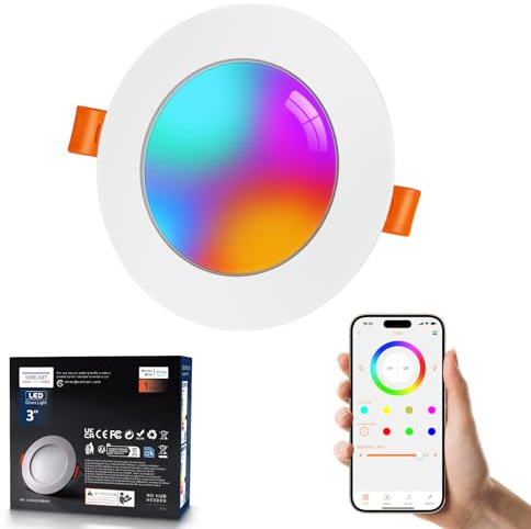 VARICART Downlight LED Techo Empotrable Alexa, 7W RGB Blanco Frío a Cálido 2700K-6000K Ojos de Buey Led para Techo, Smart Foco Empotrable Bluetooth, Control Inteligente con Aplicación, Pack de 1 | 1 pieza IP44 empotrable plana de color APP control Bluetooth, 7 W 660 lm, 230 V, multicolor, 68 mm-85 mm agujero