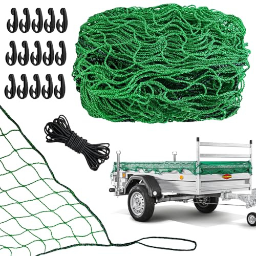 Anhängernetz 1.5 x 2.2 m, Dehnbar Feinmaschig mit 15 Haken und Gummiseil, Ladungssicherungsnetz Abdecknetz Masche Größe 4.5 x 4.5 cm, Anhänger Netz zur Optimalen Ladungssicherung, Grün