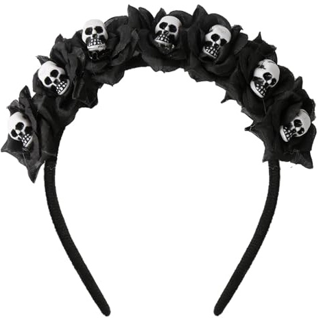 ZHITENG Halloween Haarreif Schwarzen Rosen Totenkopf Deko, Halloween Kopfschmuck, Dia de Los Muertos Deko Haarkranz Blumen, Dia de Los Muertos Haarreif für Kostüm Tag der Toten Party Dekoration