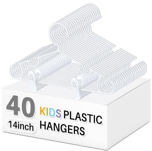 Hsei 40 Pack 14 Inch Kids Hangers with 80 Clips, Plastic Non-Slip Hangers for Children Aged 7-12 Years, Space Saving Design with Shoulder Notches for Pants & Tops