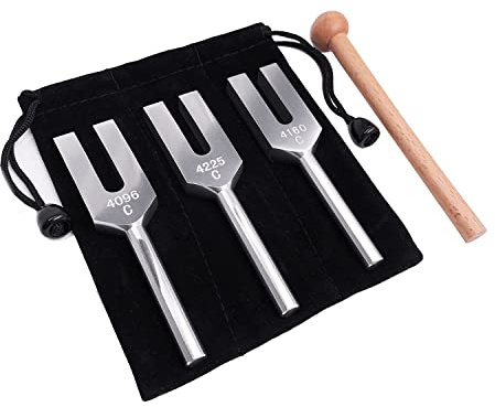 AWAOVV 4096 Hz/4160 Hz/4225 Hz Stimmgabel Set mit Hammer und Stofftasche, Aluminium Stimmgabelsatz, Frequenzgabel Musikinstrument für Stimmgabel Therapie Heilung