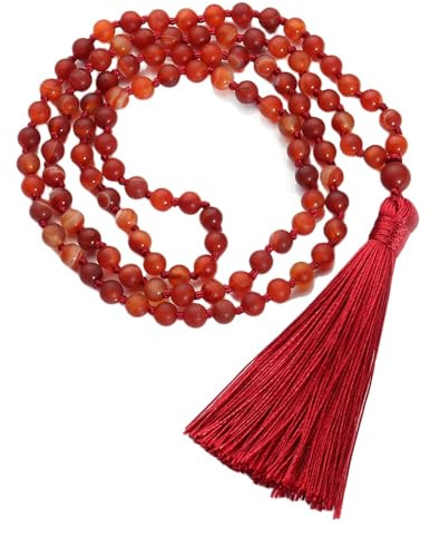Generisch 108 Mala-Perlen-Knotenkette für Männer und Frauen,Natürliches Rotes Achat-Armband,Lange Halskette Mit Quaste und Lebensbaum-Anhänger,Gebet,Spirituelle Meditation,Schmuck,Geschenke