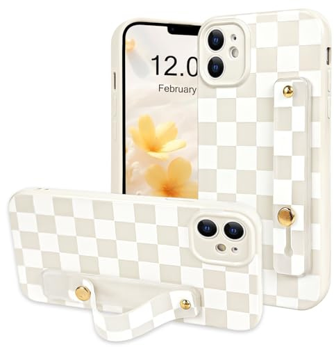NITITOP Compatible with iPhone 12 Case Cute with Wrist Hand Strap Checkboard Checkered Pattern Aesthetic for Women Girls Plaid Adjustable Kickstand Protective Cover - White