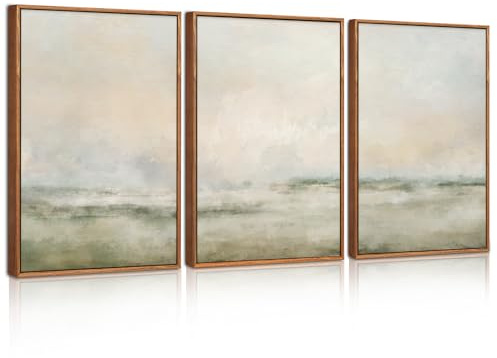 Celestdeco Abstrakt Beige Gruen Nebel Landschaft Wandbild Neutral 30x40cmx3