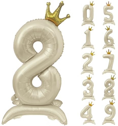 Creme Weiß Ballon 40 Zoll Stehende Zahl 8 Luftballon mit Krone Beige Krone Ballon Zahlen 0-9 Groß Helium Ballons Cremeweiß Geburtstag Party Dekorationen Hochzeit Deko