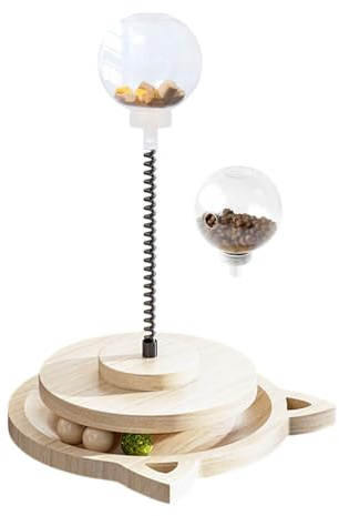 Qkbuza Dog Food Ball - Wood Track Interactive Game - with Spring Pole Cat Treat Ball Dispenser,for Boredom Relief Mental Stimulation