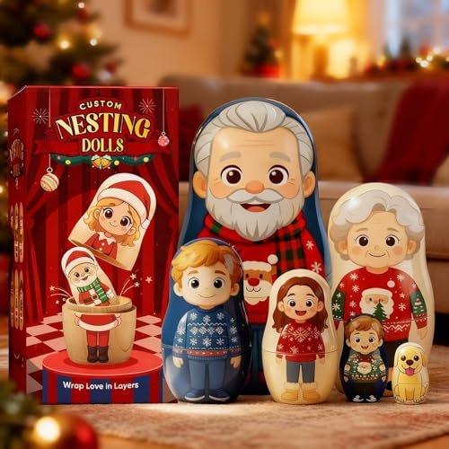 Funmii Poupee Russe Personnalisée avec Photo, Matriochka en Bois Poupées Jusqu'à 6 Personnages, Poupée Russe Cadeau pour Couples, Famille & Amis, Décoration Maison & Cadeau Anniversaire Noël