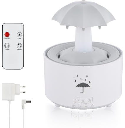 Humidificador Lluvia 300ML, Humidificador de Aire Paraguas, Difusor Aceite Esencial, Humificador Lámpara LED de 7 Colores, Difusor Aromaterapia con Control Remoto para Dormitorio Sala Estar (Blanco)