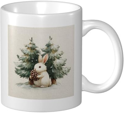 Woshuwo Weißes Kaninchen mit Tannenzapfen, Aquarell-Keramikbecher, eleganter Kaffeebecher, Tee, Trinkgeschirr, Wasserbecher für Zuhause, Büro, 325 ml