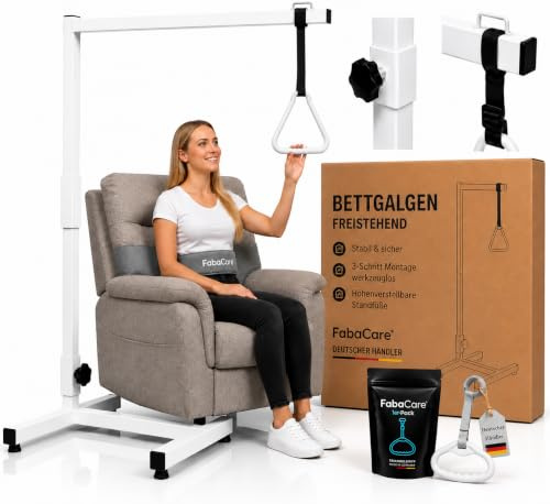 FabaCare Bettgalgen mit Trapezgriff bis 100 kg – Aufrichthilfe & Aufstehhilfe fürs Bett – inkl. Ersatzgriff für kleinere Hände, Mobile, Bettgriff höhenverstellbar, Stabiler Bettaufrichter