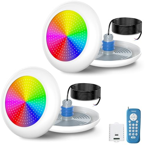 OSREE LED Poolbeleuchtung mit 1,5 Außengewinde, 25W Harz Gefüllt RGB Mehrfarbig Poolscheinwerfer mit Fernbedienung, Ø242mm, 12V AC Poollampe für Einbaunische 1 1/2 Zoll der Beckenwand,2 Stück