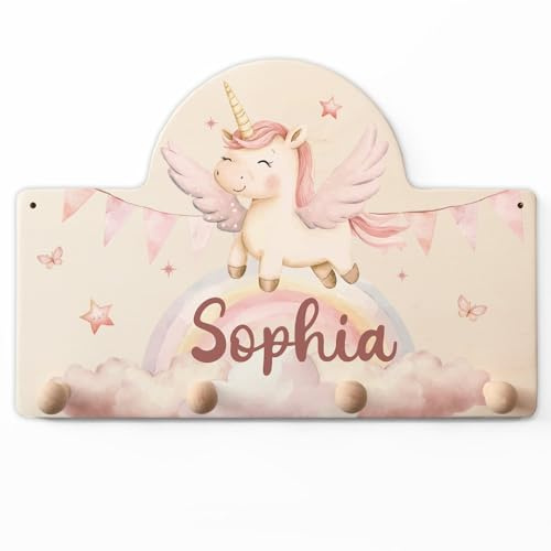 GRAVURZEILE Personalisierte Kindergarderobe - Einhorn - Personalisiert mit Name - Garderobe aus Holz mit 4 Kleiderhaken für Baby & Kleinkinderzimmer - Geschenk für Mädchen & Jungen