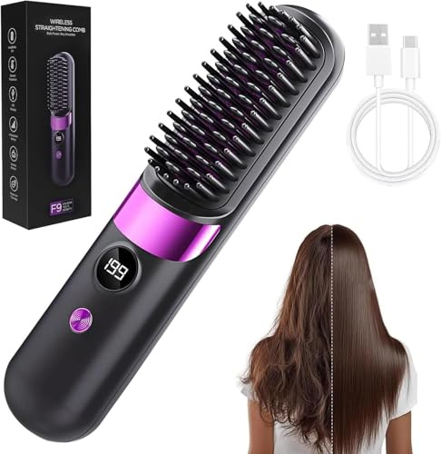 Glättbürste Kabellos, Haarbürste Elektrisch Damen Stylingbürste für Kurze Langes Haare Haarglätter Bürste Tragbare mit 4 Wärmestufen, Hair Straightener für Reisen Täglichen Gebrauch
