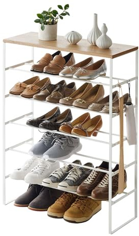 YAMAZAKI 3369 TOWER 6Tiered WoodTop Shoe Rack, white, Steel/Wood, 66 x 25 x 87 cm