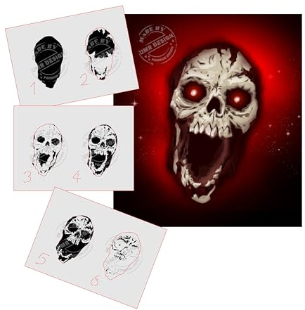 UMR-DESiGN AS-323 Schädel, Scream Step by Step Schablone für Acryl, Airbrush, Spray, Lacke und Wandfarbe