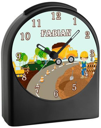 CreaDesign, WU-50-1003, Baustelle, analog Kinderwecker schwarz, Funkwecker ohne Ticken, mit Licht, personalisiert mit Namen, 9,6 x 5,5 x 11,9 cm, 104 g